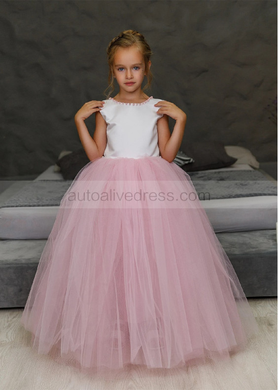 Pearl Neck Satin Tulle Chic Flower Girl Dress With Train